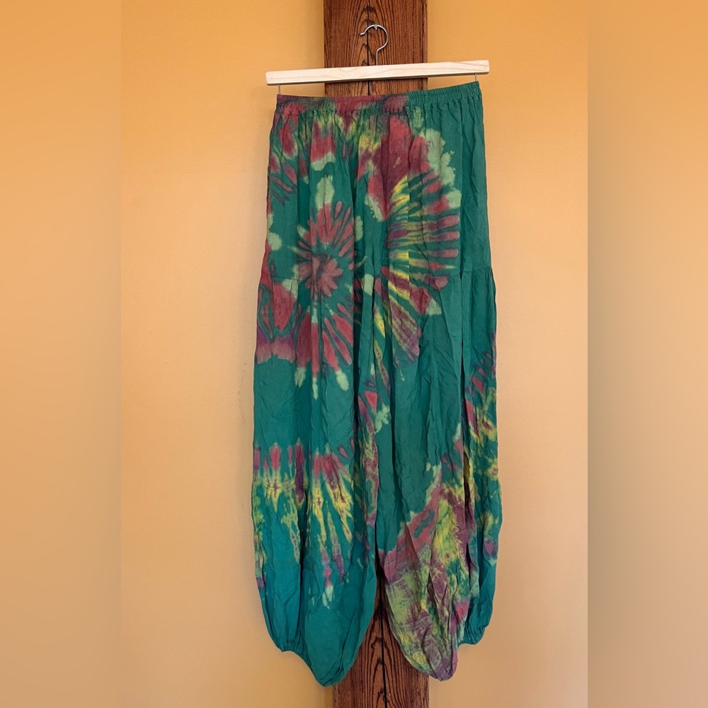 Hippie Harem Pants with Elastic Band Waist in Green and Rust made 100% Rayon